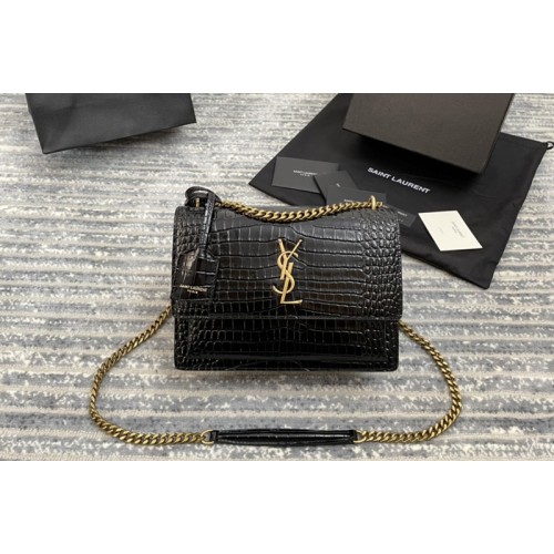 YSL Medium Sunset Monogram Bag in Black Crocodile With Gold Hardware