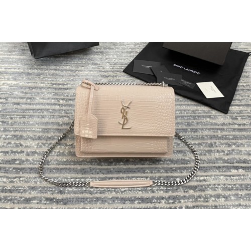 YSL Medium Sunset Monogram Bag in Pink Crocodile Leather With Silver Hardware