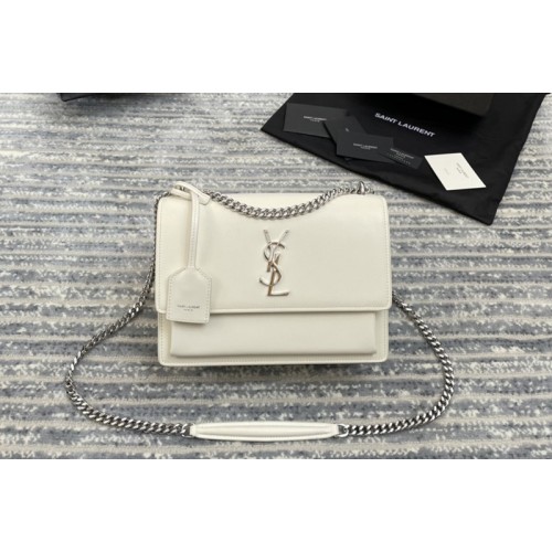 YSL Medium Sunset Monogram Bag in White Smooth Leather