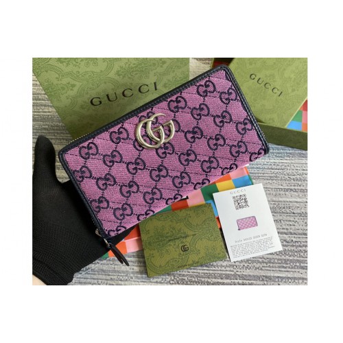 Gucci Marmont Multicolor zip around wallet in Pink and blue diagonal matelasse canvas