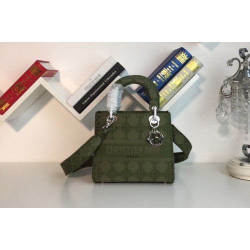 Dior M0565 Medium Bois De Green Lady D-lite Embroidered Cannage Bag With Silver Hardware