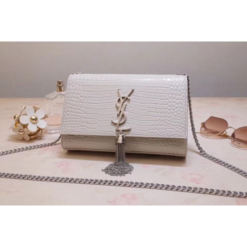 YSL Kate Small With Tassel Bags In White Embossed Crocodile Shiny Leather
