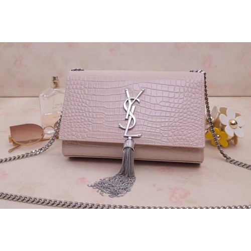YSL Kate Small With Tassel Bags In Pink Embossed Crocodile Shiny Leather Silver Hardware
