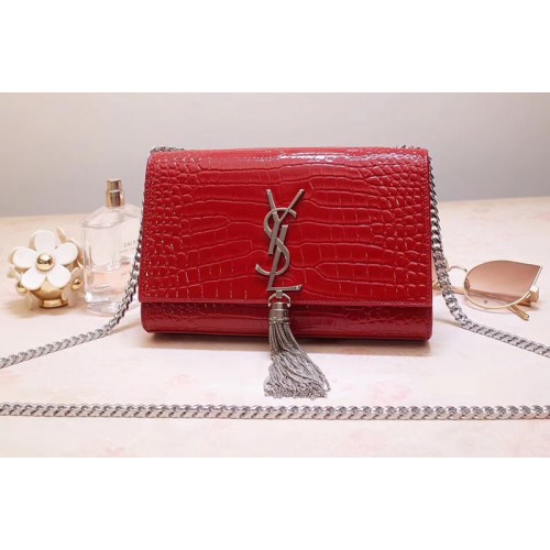 YSL Kate Small With Tassel Bags In Red Embossed Crocodile Shiny Leather