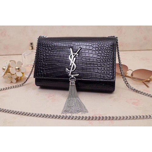 YSL Kate Small With Tassel Bags In Black Embossed Crocodile Shiny Leather Silver Hardware