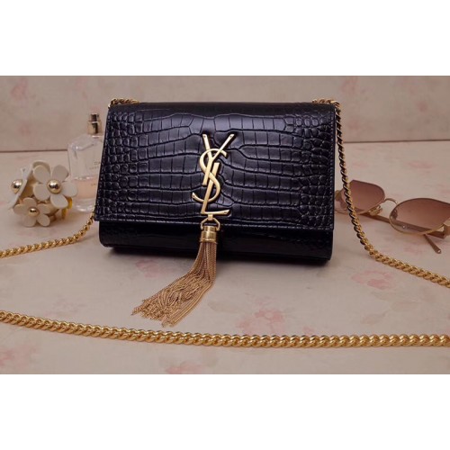YSL Kate Small With Tassel Bags In Black Embossed Crocodile Shiny Leather Gold Hardware