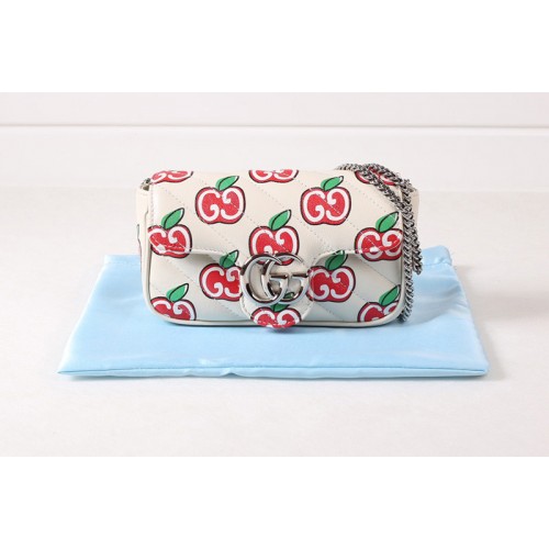 Gucci Chinese Valentines Day Marmont super mini bag in apple print white diagonal matelasse leather