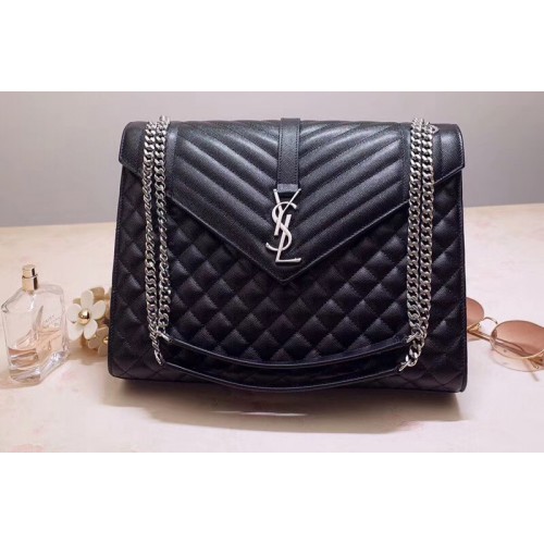 YSL Envelope Large Bag In Black Mix Matelasse Grain De Poudre Embossed Leather Silver Hardware