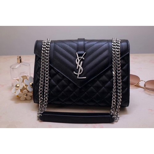 YSL Envelope Medium Bag In Black Mix Matelasse Grain De Poudre Embossed Leather Silver Hardware