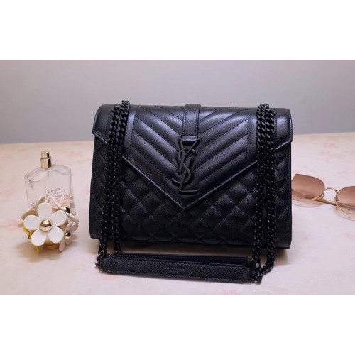 YSL Envelope Medium Bag In Black Mix Matelasse Grain De Poudre Embossed Leather Black Hardware