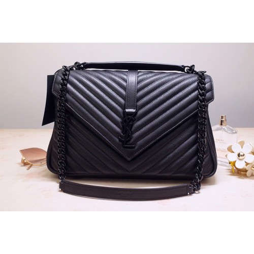 YSL COLLEGE LARGE IN Black MATELASSe LEATHER With Black Hardware