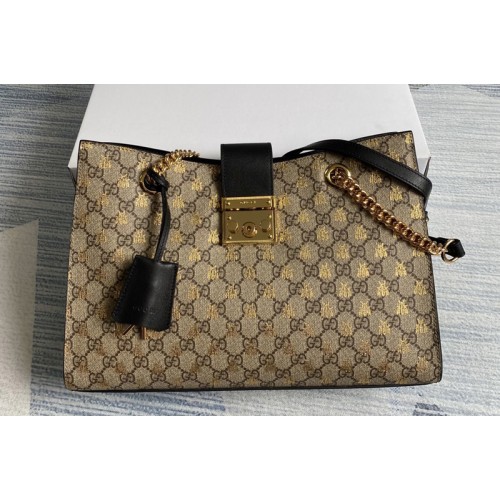 Gucci Padlock small bees shoulder bag in Beige ebony Supreme canvas
