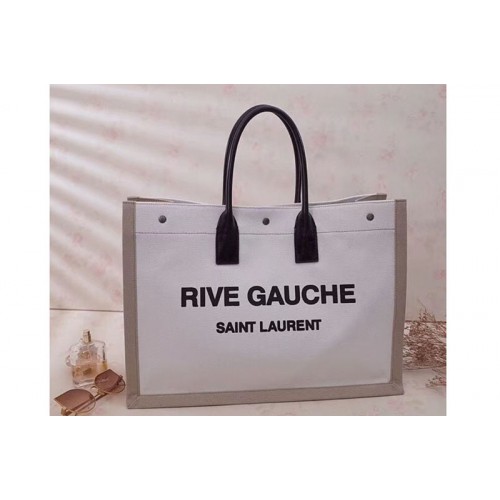 YSL Rive Gauche Tote Bag In White And Brown Linen 