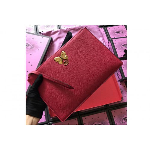 Gucci Embroidered leather pouch With Butterfly in Red Leather