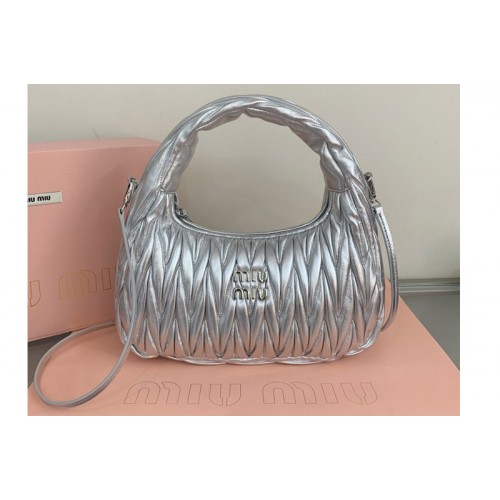 Miu Miu 5BC108 Wander matelasse nappa leather hobo bag in Silver Leather