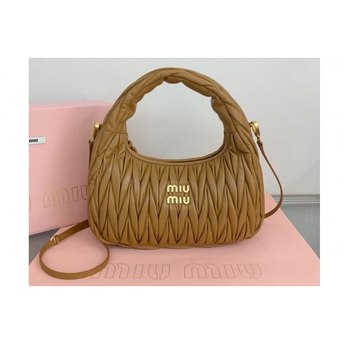 Miu Miu 5BC108 Wander matelasse nappa leather hobo bag in Brown Leather