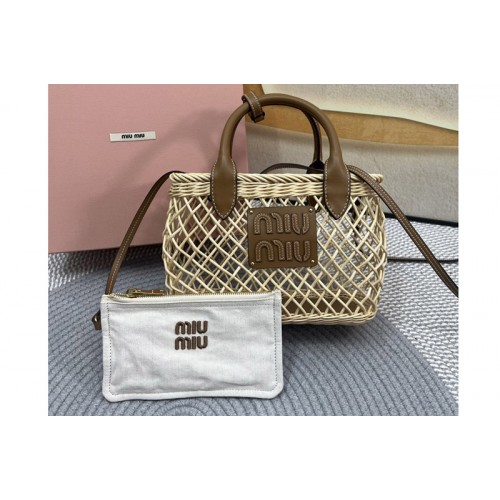 Miu Miu Wander woven raffia-effect yarn hobo bag with leather