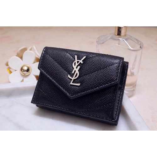 YSL Monogram Wallet in Black Grain de Poudre Embossed Leather With Silver YSL