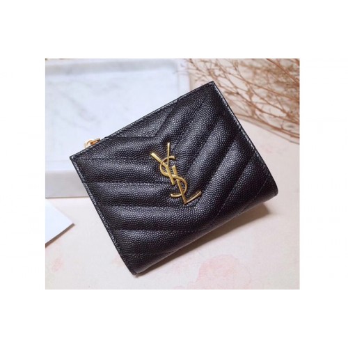 YSL Monogram Zipped Card Case in Black Grain de Poudre Embossed Leather Gold YSL