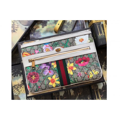 Gucci Ophidia Flora pouch in Beige ebony Supreme canvas With White Leather