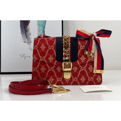 Gucci Red Sylvie rhombus flower small shoulder bag in Gold rhombus flower with Web
