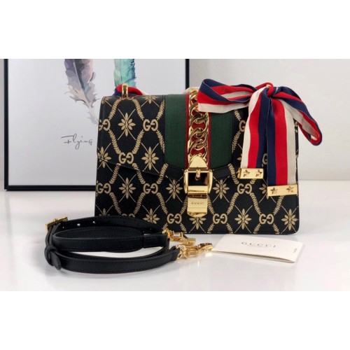 Gucci Black Sylvie rhombus flower small shoulder bag in Gold rhombus flower with Web