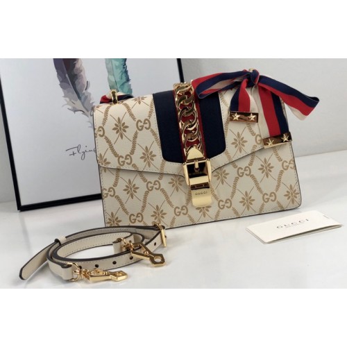 Gucci Beige Sylvie rhombus flower small shoulder bag in Gold rhombus flower with Web