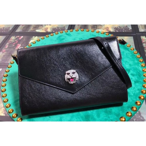 Gucci Feline Head With Crystals Medium Shoulder Bag Black Leather