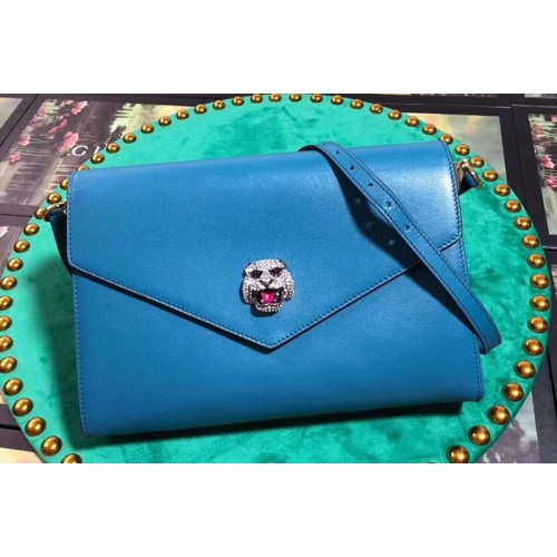 Gucci Feline Head With Crystals Medium Shoulder Bag Blue Leather