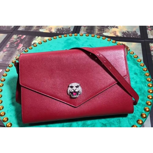 Gucci Feline Head With Crystals Medium Shoulder Bag Red Leather