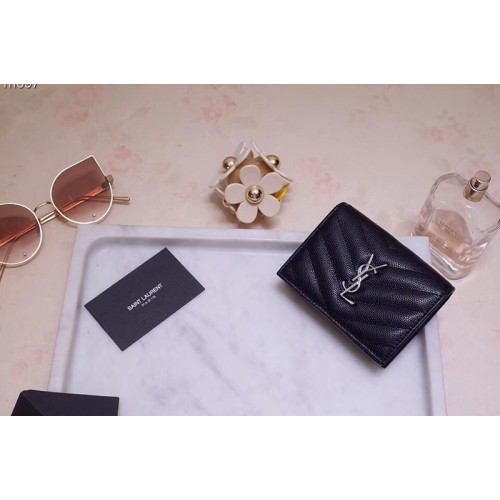 YSL Monogram Card Case in Black Grain de Poudre Embossed Leather Silver YSL
