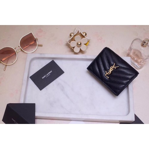 YSL Monogram Card Case in Black Grain de Poudre Embossed Leather Gold YSL