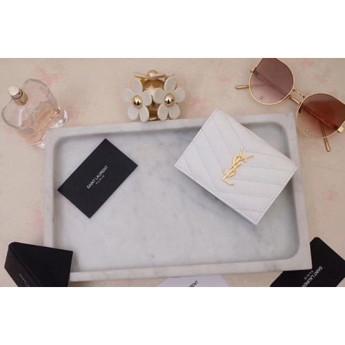 YSL Monogram Card Case in White Grain de Poudre Embossed Leather