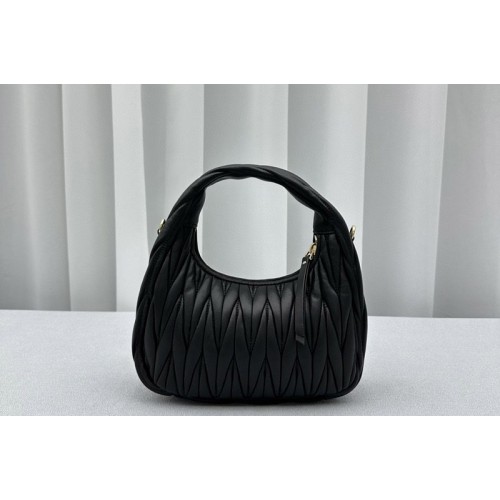 Miu Miu 5BC125 Wander matelasse nappa leather hobo bag in Black Leather