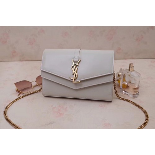 YSL Sulpice Chain Wallet In White Smooth Leather