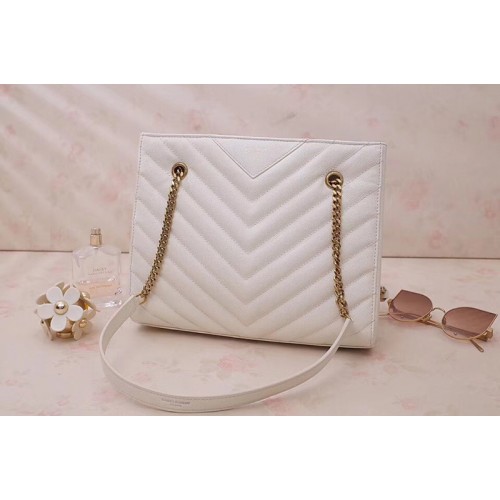 YSL Tribeca Small Shopping Bag In White Grain De Poudre Embossed Leather