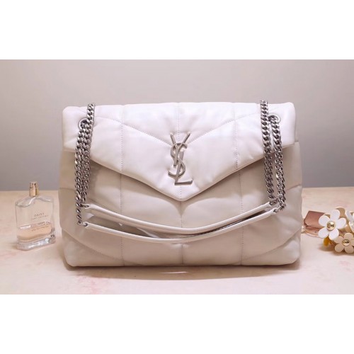 YSL Loulou Puffer Medium Bag in White Quilted Lambskin Leather
