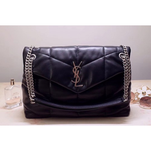 YSL Loulou Puffer Medium Bag in Black Quilted Lambskin Leather Silver Hardware