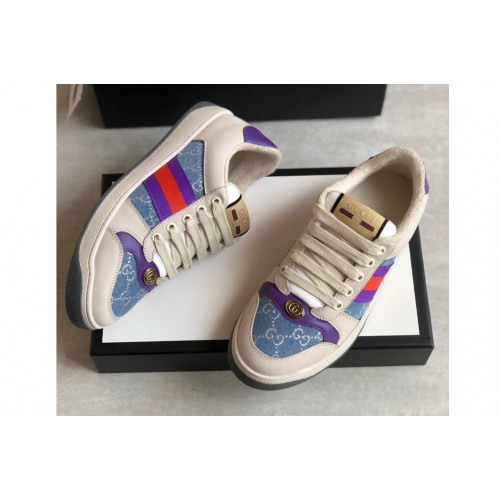 Mens and Womens Gucci Screener sneaker with Web on Purple and red Web