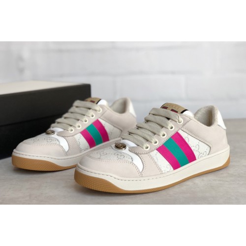 Mens and Womens Gucci Screener sneaker with Web on Pink and green Web