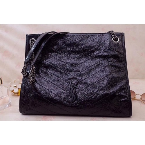 YSL Niki Medium Shopping Bag in Black Crinkled Vintage Leather
