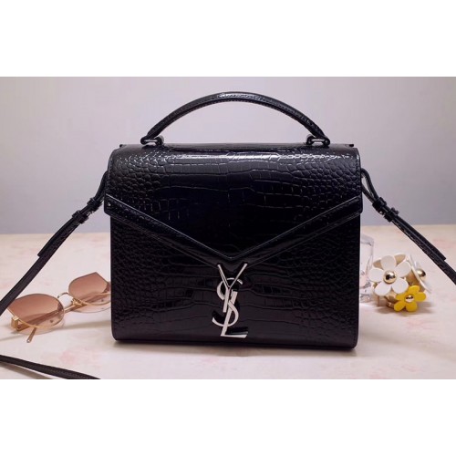 YSL CASSANDRA Top Handle Medium Bags Black Shiny Crocodile Embossed Leather