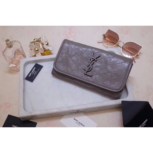YSL Niki Large Wallet in Gray Crinkled Vintage Leather