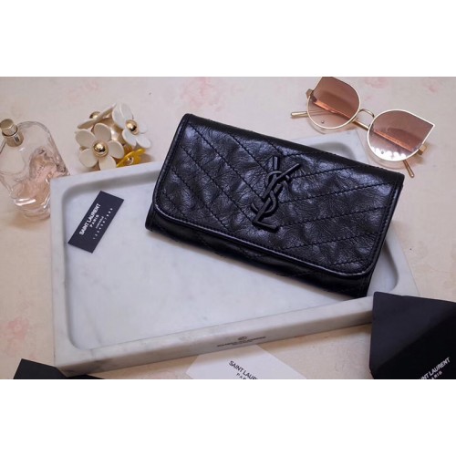 YSL Niki Large Wallet in Black Crinkled Vintage Leather
