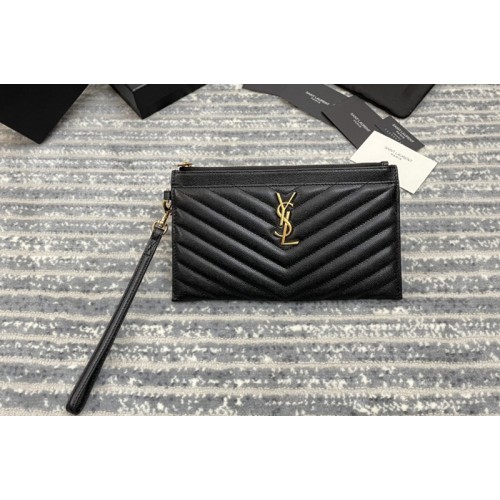 YSL MONOGRAM LARGE BILL POUCH IN Black GRAIN DE POUDRE EMBOSSED LEATHER