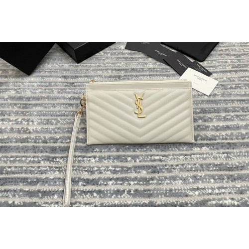 YSL MONOGRAM LARGE BILL POUCH IN White GRAIN DE POUDRE EMBOSSED LEATHER