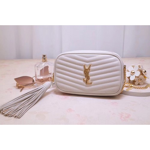 YSL Lou Mini Camera Bag in White Matelasse Leather