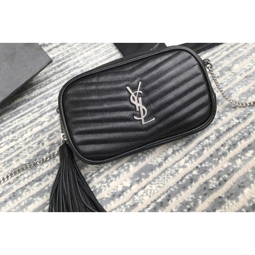 YSL Lou Mini Camera Bag in Black Matelasse Leather With Silver Chain