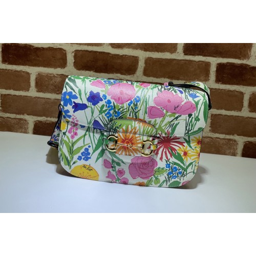Gucci Horsebit 1955 shoulder bag in White Calf Leather With Flowers