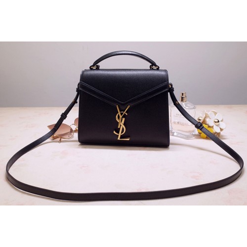 YSL Cassandra Mini Top handle bag In Black Grain de Poudre Embossed Leather